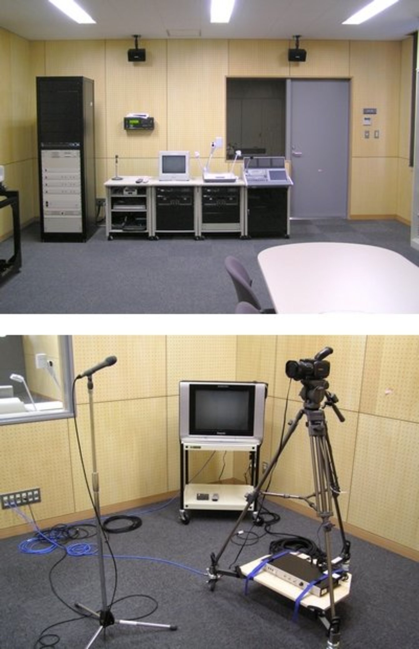 <上>放送室全体。自主放送用のヘッドエンドと編集卓が備わっている。<下>スタジオ内設備。撮影カメラは校内の各所に持ち運び、校内TV共聴設備を用いて中継放送できるシステムとなっている。